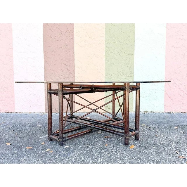 Palm Beach Regency Rattan Coffee Table With Smoke Glass For Sale - Image 4 of 8