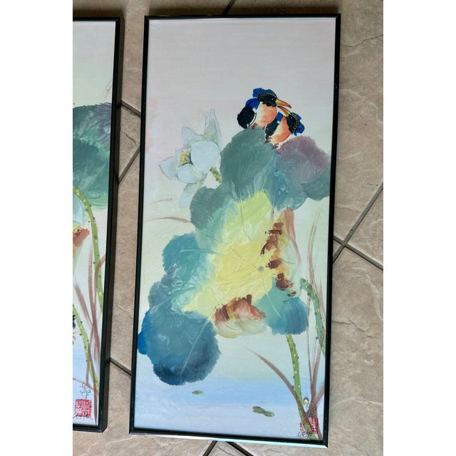 Set 3 Chinese Watercolor Paintings Kingfishers & Lotus Flowers, Framed For Sale - Image 9 of 18