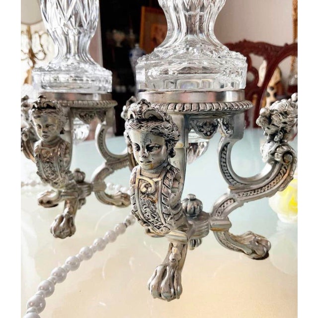 Silver 1940’s-1970’s Hollywood Regency Vintage Crystal Bowl W/Stand & Vintage Pairpoint Silverplate Crystal Candlesticks Cherub Claw Foot For Sale - Image 8 of 9