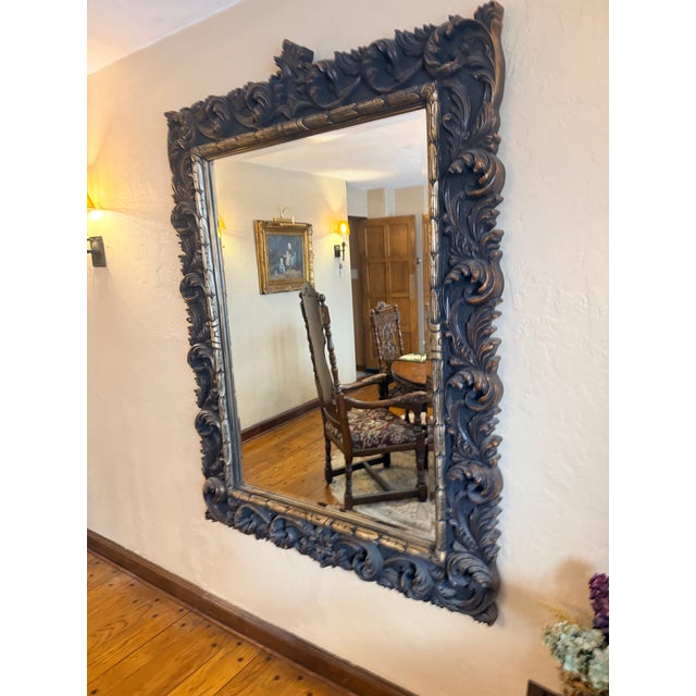 Glass 1980s Large Heavily Carved Beveled Glass Wall Mirror For Sale - Image 7 of 8