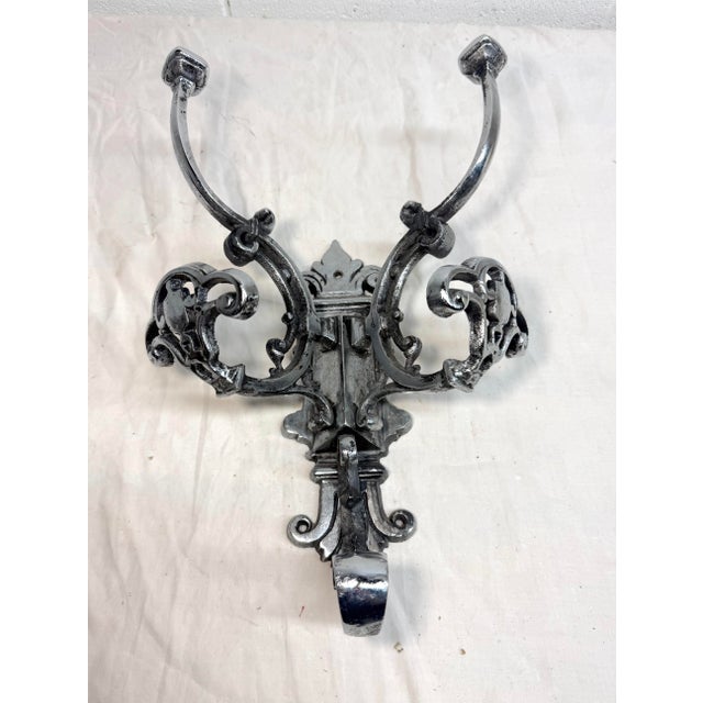 Industrial Vintage Ornate Heavy Chrome Metal Wall Mount Wall Hook Hat Coat Hallway Rack For Sale - Image 3 of 8