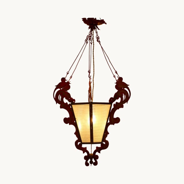 Large 6-Sided Chandelier in Frosted Glass with Wrought Iron Bird Decorations, Italy, 1940s For Sale - Image 6 of 14