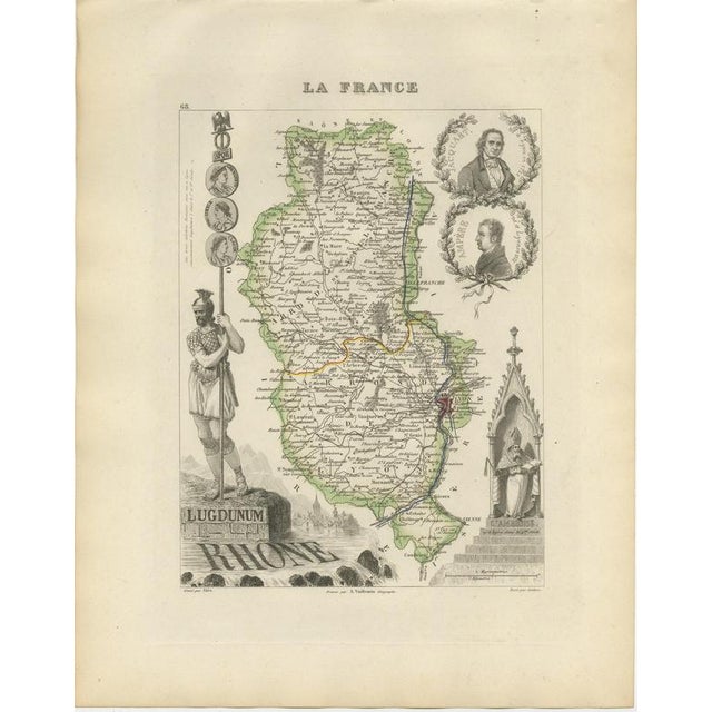 Antique Map of the Rhone with Lyon and Ancient Lugdunum, 1860 For Sale - Image 3 of 12