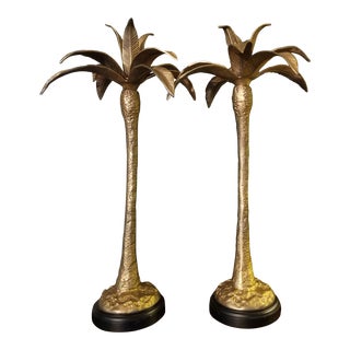 2000s Brass Palm Tree Candle Holders - Set of 2 For Sale
