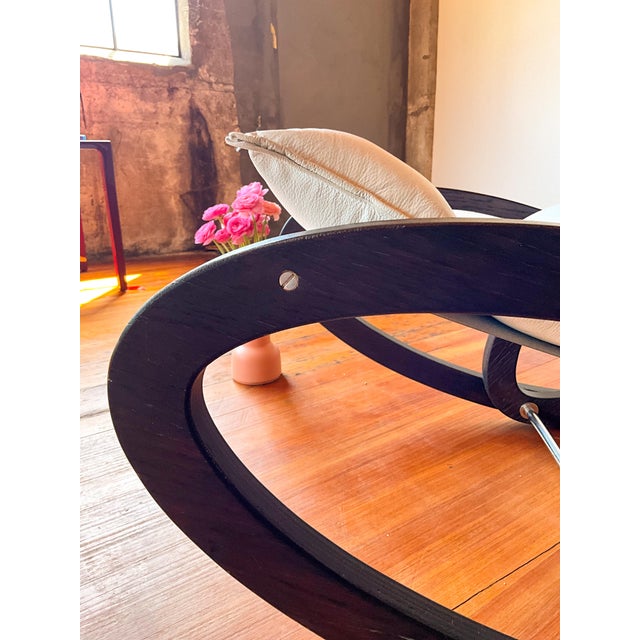 1990s Gae Aulenti Inspired Dark Wood Rocking Chair With Leather Cushion For Sale - Image 4 of 10