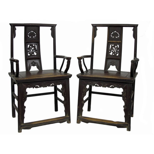 Chinese Antique Chinese Armchair With Carved Back and Rim - a Pair For Sale - Image 3 of 10