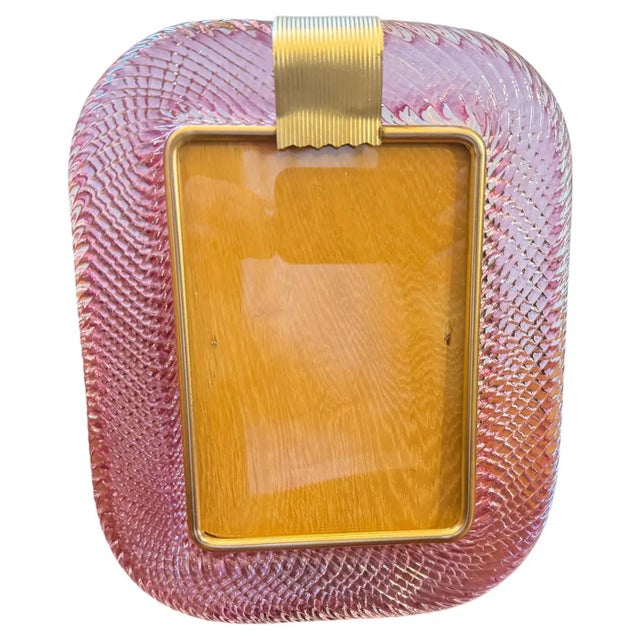 Metal 1990s Barovier Style Art Deco Pink Murano Glass and Brass Picture Frame For Sale - Image 7 of 12