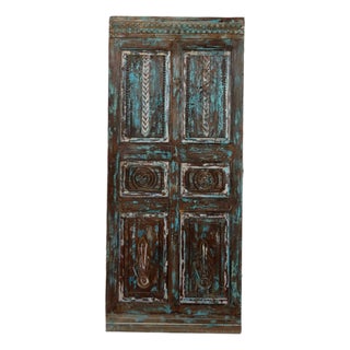 Antique Hand-Carved Blue Barn Door | Rustic Farmhouse Vintage Architectural Door 80x34.5 For Sale