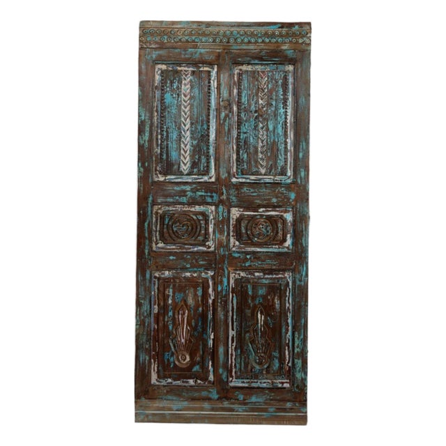 Antique Hand-Carved Blue Barn Door | Rustic Farmhouse Vintage Architectural Door 80x34.5 For Sale