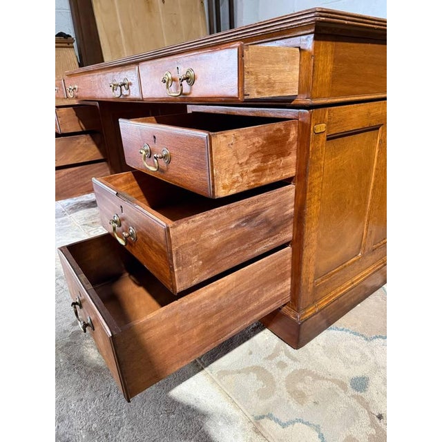 English 19th Century Large Size Antique English Geogra Style Oak Leather Top Double Pedestal Partner Executive Desk For Sale - Image 3 of 18
