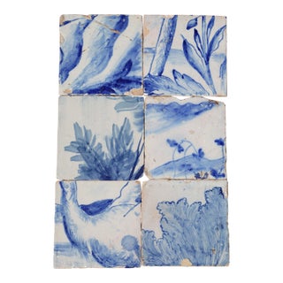 18th Century Antique Portuguese Scenic Tiles Set of 6 With Leafy Botanical Motifs For Sale