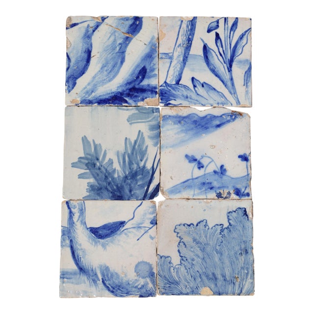 18th Century Antique Portuguese Scenic Tiles Set of 6 With Leafy Botanical Motifs For Sale