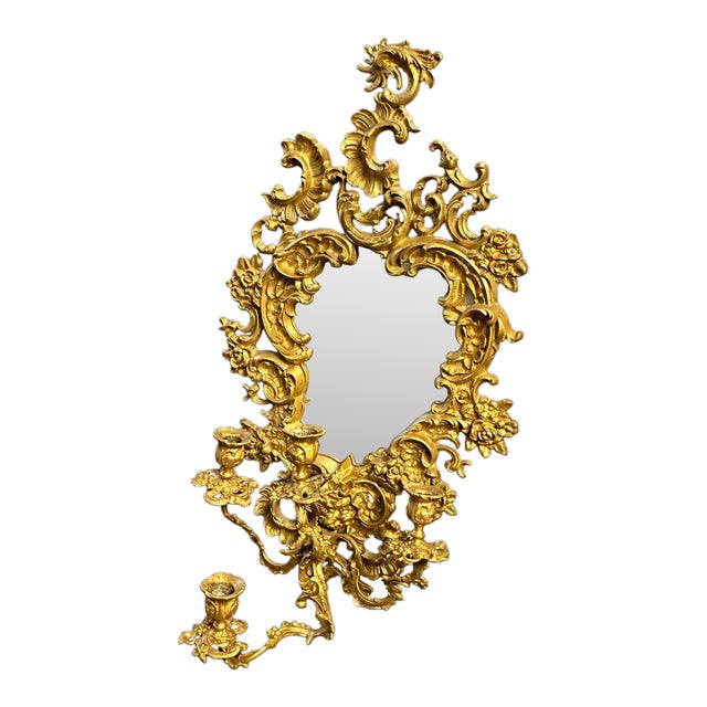 Antique Rococo Revival Gilt Cast Metal Mirrored Wall Sconce Candelabra 28.5” For Sale