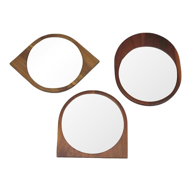 Mid Century Danish Modern Style Sculpted Solid Teak Wood Mirrors - 3 Pc Set For Sale