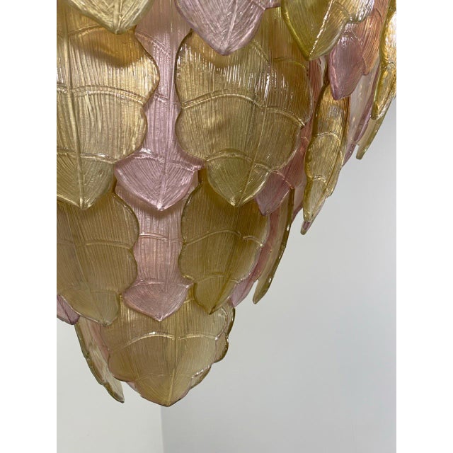 Metal Italian Art Deco Gold and Pink Murano Glass Chandelier, 2000s For Sale - Image 7 of 15