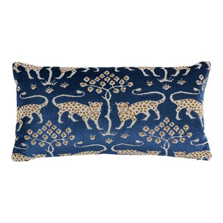 Schumacher Woodland Leopard Velvet Pillow 12" Lumbar Pillow in Sapphire For Sale