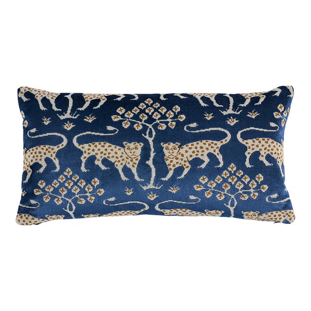 Schumacher Woodland Leopard Velvet Pillow 12" Lumbar Pillow in Sapphire For Sale
