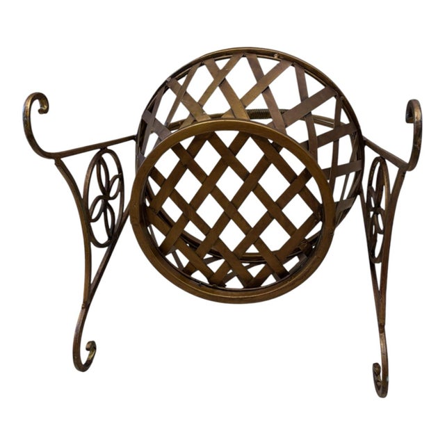 Vintage Metal Basket Weave Garden Planter Stand With Scrollwork and Aged Patina For Sale - Image 4 of 8