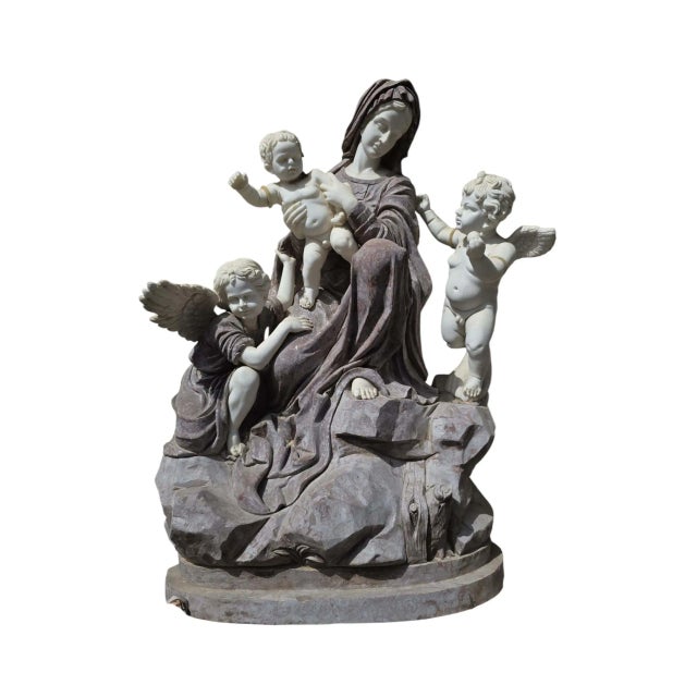 Magnificent Italian sculpture of the Virgin Mary surrounded by cherubs, carved in the 20th century from fine multicolored...