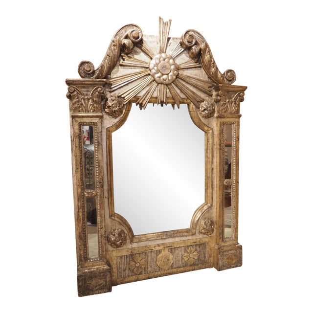 18th Century Italian Silvered and Giltwood Parecloses Mirror With Sunburst Crest For Sale