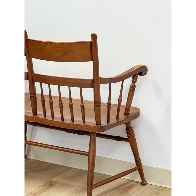Vintage Maple Spindle Two-Seat Bench Double Crest Turned Legs Farmhouse For Sale - Image 13 of 18