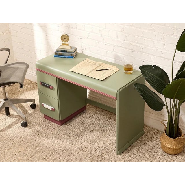 Vintage Mint Green Writing Desk With Wood-Tone Details For Sale - Image 4 of 12