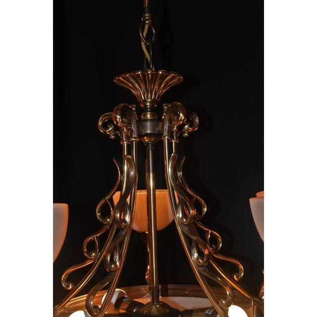 Art Deco Six-Light Chandelier in Brass and Tinted Glass, 1930 For Sale - Image 3 of 18