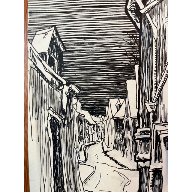 Hand-drawn, intricately detailed pen and ink drawing of a winding street with the suggestion of snow. Subtle areas of blue...