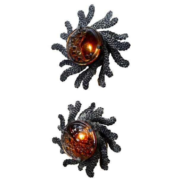 Indescribable pair of Italian Brutalist style wall sconces. Wrought iron sunburst with Murano glass globes, looks...