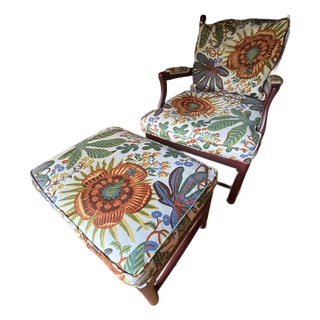 Country Armchair & Ottoman Reupholstered in Josef Frank “Aralia” Linen for Svenskt Tenn For Sale