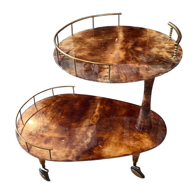 2-Tier Bar Cart in Lacquered Goatskin and Brass attributed to Aldo Tura, 1960s For Sale - Image 6 of 6
