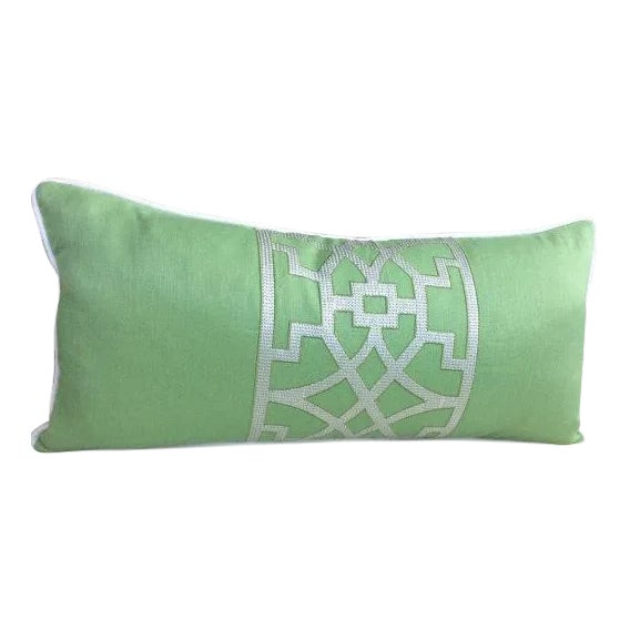 Schumacher Mary McDonald "Don't Fret" Green Linen Embroidery Lumbar Pillows - a Pair For Sale