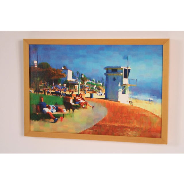 Colorful impressionist painting of Laguna Beach's main beach, life guard tower, boardwalk and Hotel Laguna, indistinctly...