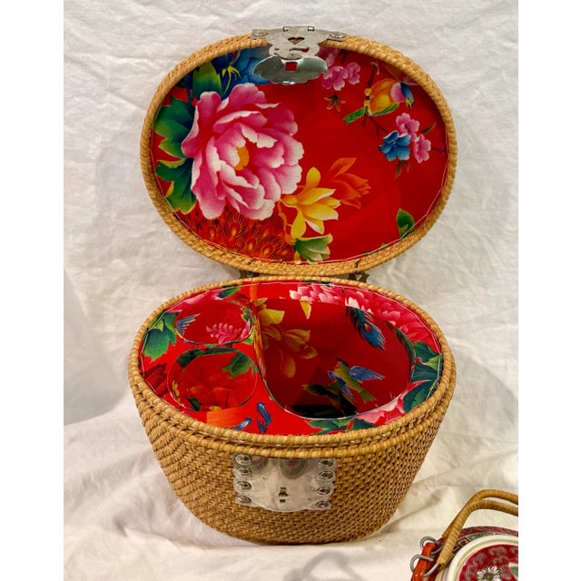 Rattan Wicker Picnic Basket With Tea Set Included For Sale In New York - Image 6 of 10