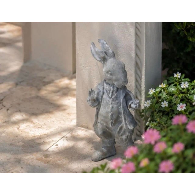 Gray Vintage Whimsical Cast Iron Dapper Rabbit Garden Statue Holding a Pipe For Sale - Image 8 of 12
