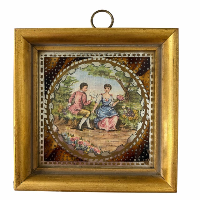 Mid 20th Century Early 20th Century Silk Embroidered Courting Couples Pastoral Scene Protected by Reverse Painting on Glass Miniature Scenes - Set of 3 For Sale - Image 5 of 9