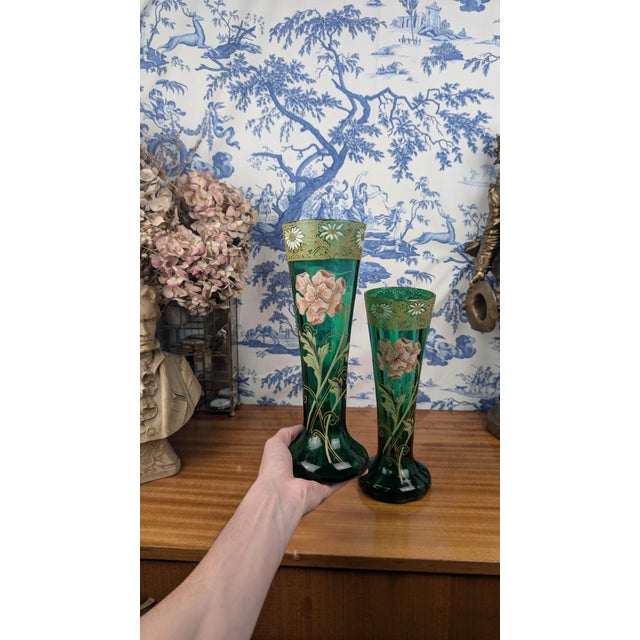Legras-Montjoye Green Enameled Glass Vases, 1900 For Sale - Image 9 of 12