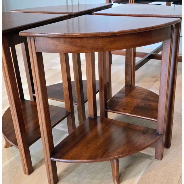 Wood Mid 20th Century Fyne Ladye Nesting Cocktail Table Set – Round Mahogany Coffee Table With 4 Demilune Side Tables For Sale - Image 7 of 14