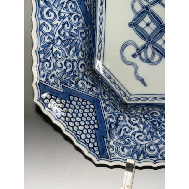 Blue Antique Japanese Octagonal Blue and White Porcelain Plate With Butterly and Floral Design For Sale - Image 8 of 18