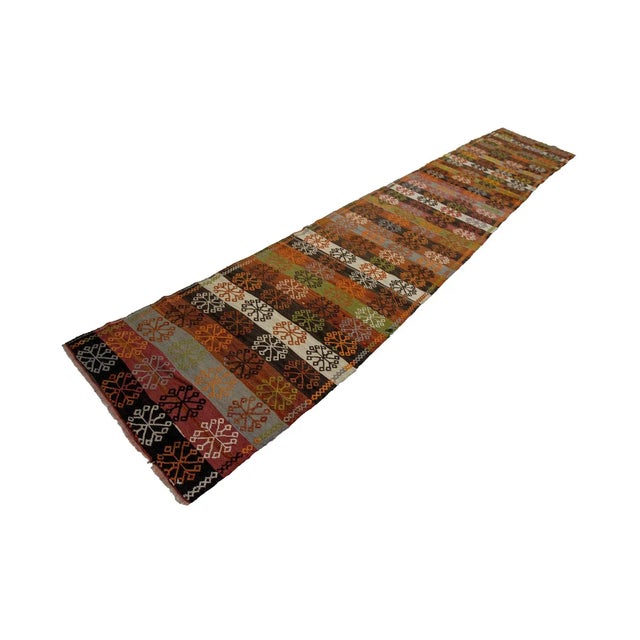 Vintage Long Embroidered Turkish Kilim Runner- 2′10″ × 16′ For Sale - Image 4 of 7