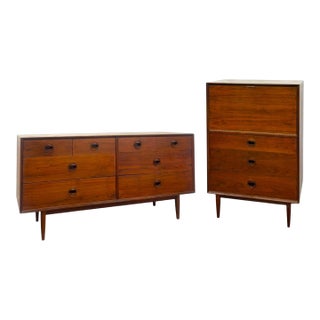 Vintage Mid Century Modern Walnut Credenza Dresser & Drop-Front Secretary Desk Set. For Sale