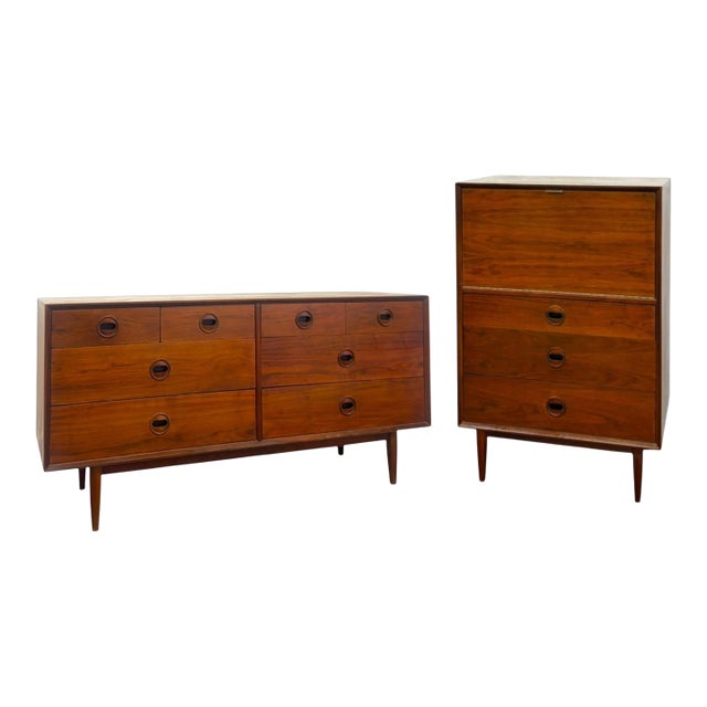 Vintage Mid Century Modern Walnut Credenza Dresser & Drop-Front Secretary Desk Set. For Sale