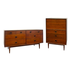 Vintage Mid Century Modern Walnut Credenza Dresser & Drop-Front Secretary Desk Set.