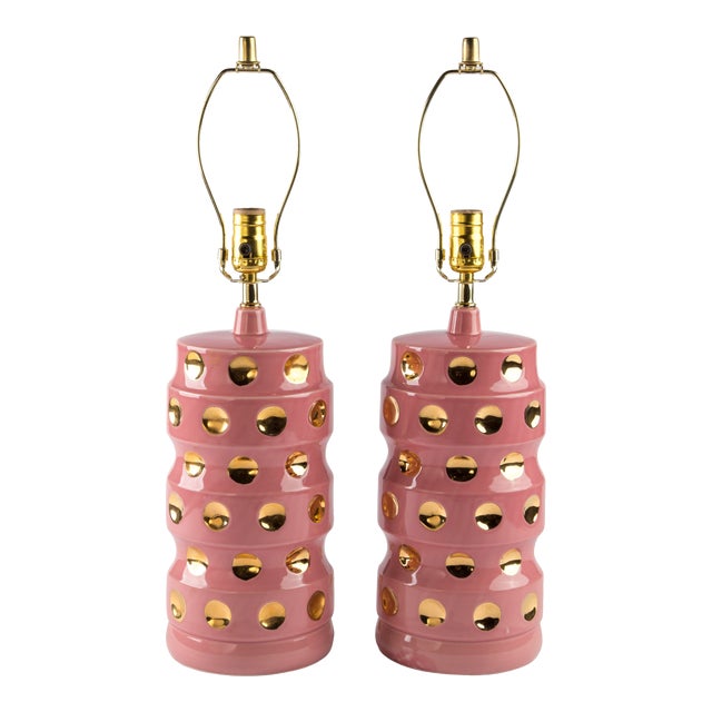 Signed Mid Century Pink and Gold Polka Dot Lamps Chairish
