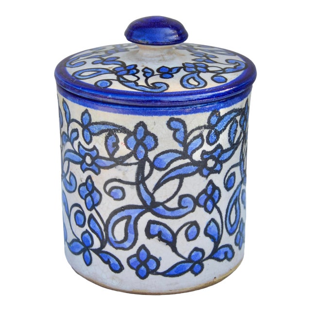 Mid 20th Century Andalusian-Patterned Blue Ceramic-Art Lidded Jar For Sale