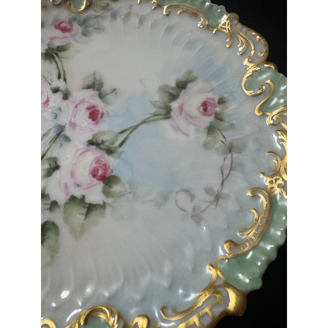 Rococo Antique French Limoges Porcelain Hand-Painted Rose Cabinet Plate With Gilt Rococo Rim For Sale - Image 3 of 6