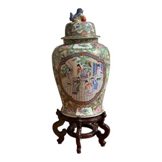 Rose Medallion Famille Rose Foo Lion Temple Jar With Mahogany Stand - 25.5" Tall For Sale