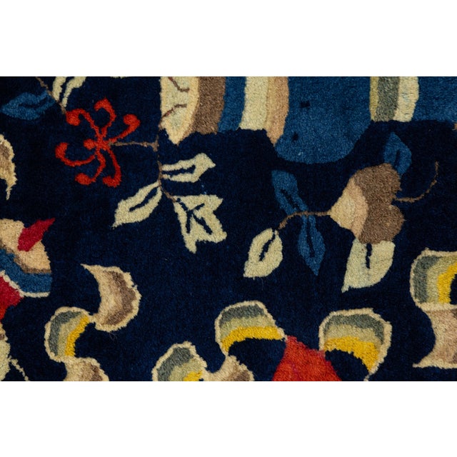 Antique Chinese Art Deco Rug in Deep Blue With Medallion & Botanical Motifs For Sale - Image 4 of 13