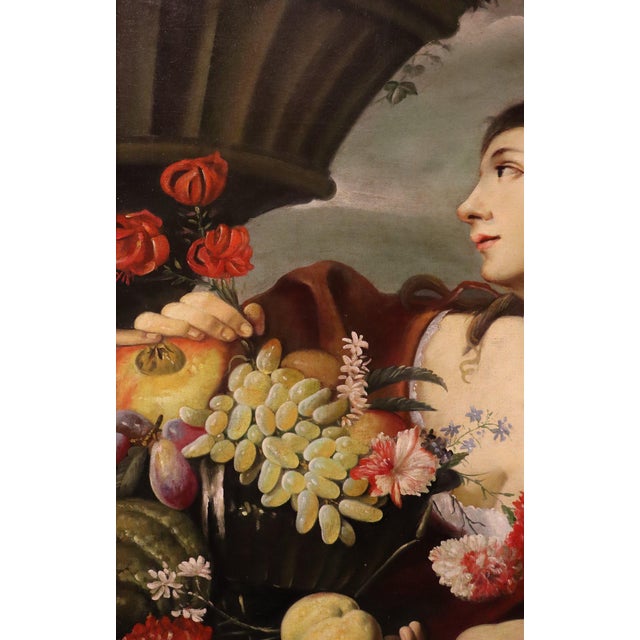 Abraham Brueghel, Girl with Flowers and Fruit, 1680, Oil on Canvas, Framed For Sale - Image 6 of 17