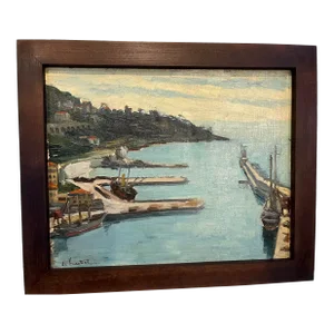 Vintage Framed Double-Sided Painting with Marina Harbor Scene and a Family Portrait